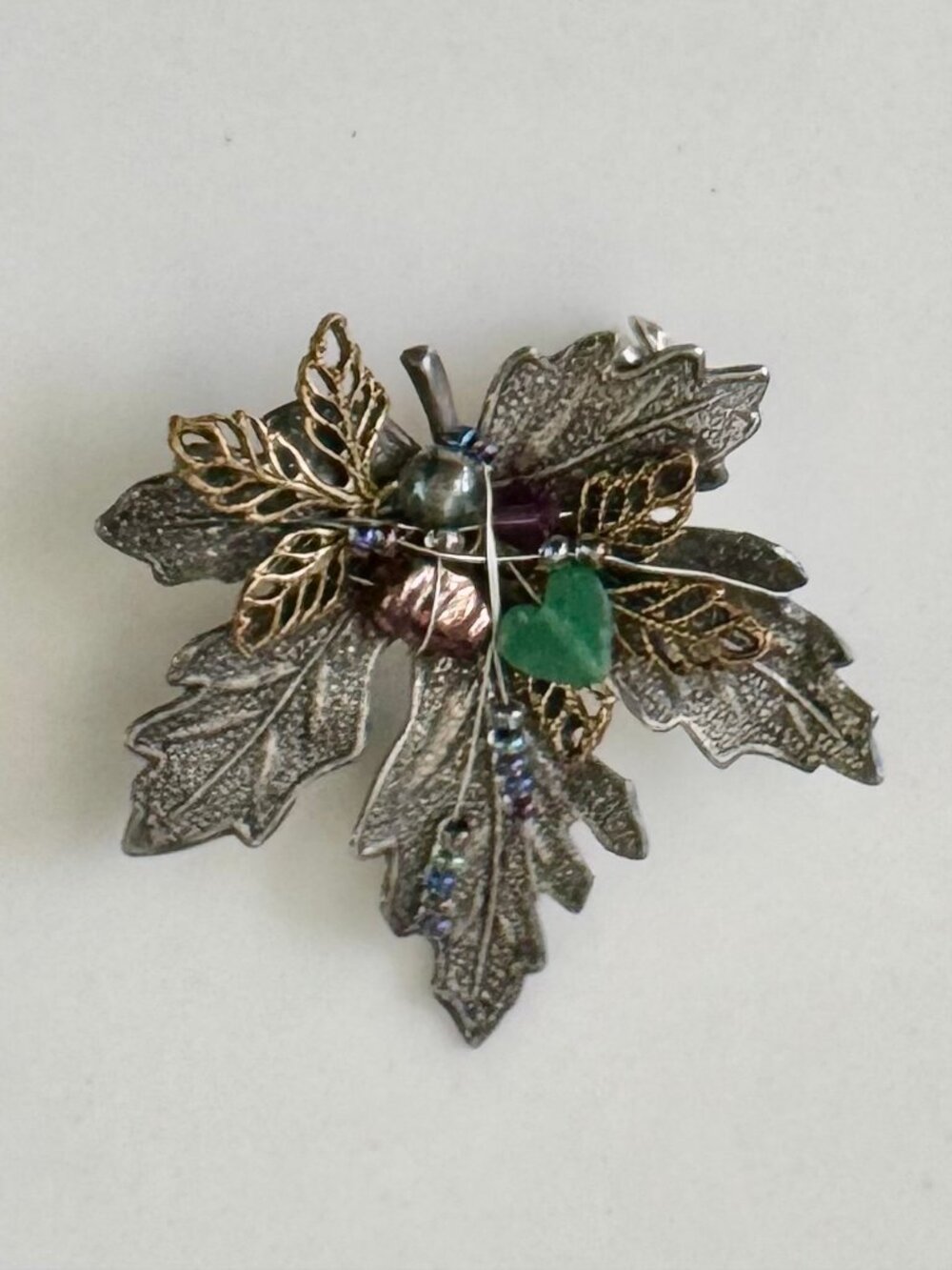 Vintage Cara Stimmel Ltd. Silver Tone Leaf Mixed Metal Filigree Beaded Pin, Mint